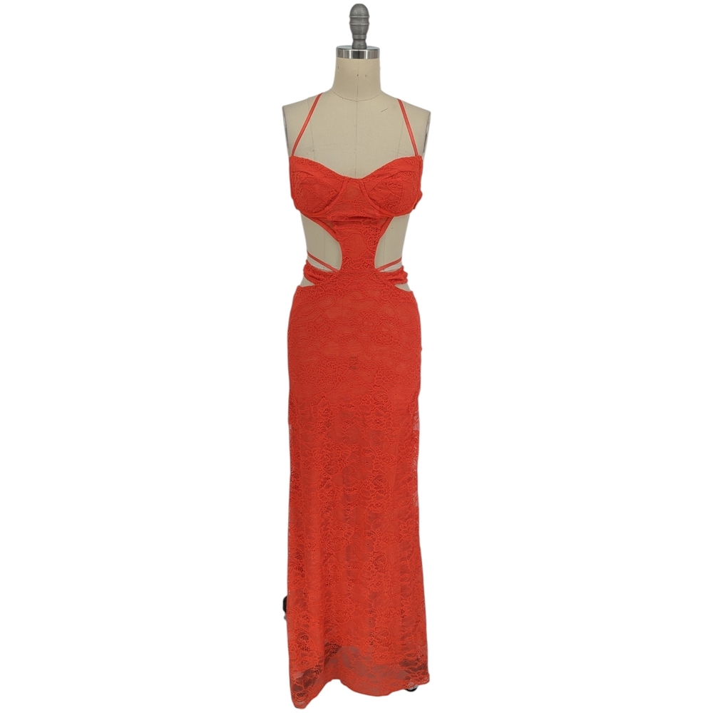 11507 NEW Outcast Mila Lace Cutout Maxi Dress Orange size Small beach resortwear